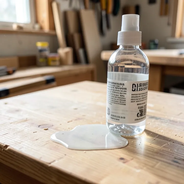 isopropyl alcohol spill leaving a white mark on a wood table clear rubbing alcohol bottle spilled next to a pale white mark forming on a wood tabletop