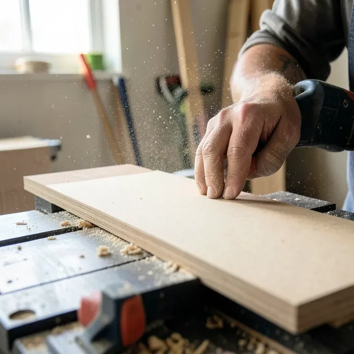 woodworker cutting MDF board on a table saw with visible sawdust