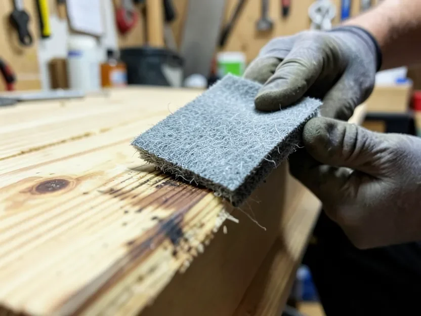 0000 steel wool pad soaked in lacquer thinner being rubbed along the wood grain