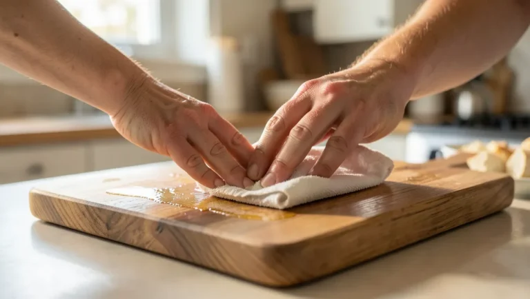 Hands rubbing food-safe linseed oil finish into a wooden cutting board with a cloth