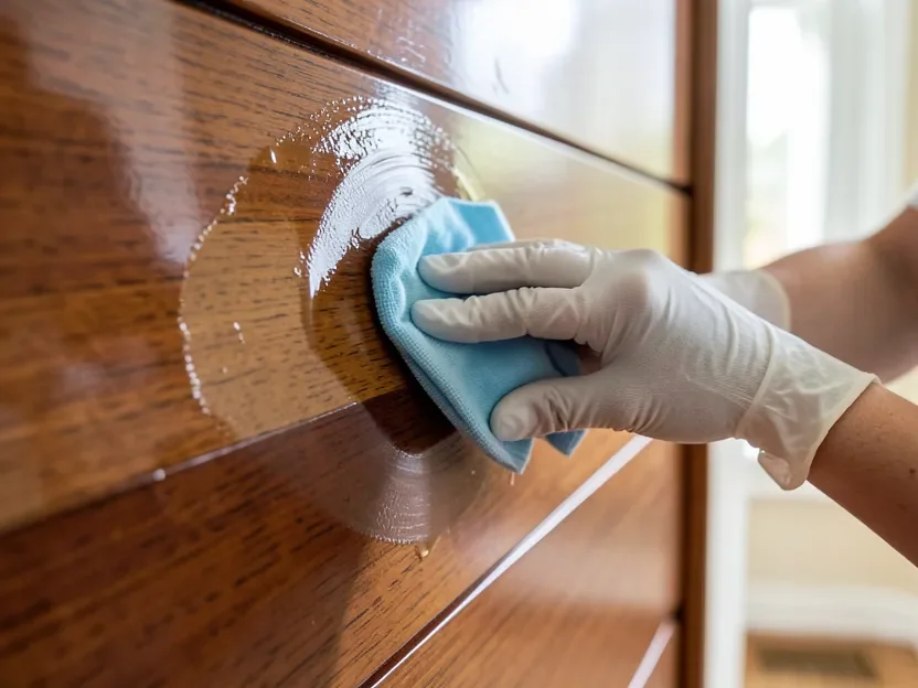 Gloved hand wiping liquid deglosser onto glossy wood paneling, showing the dulled vs glossy sheen