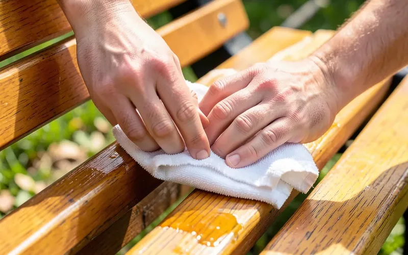 hands rubbing wood sealant oil into an acacia wood bench slat with a cloth