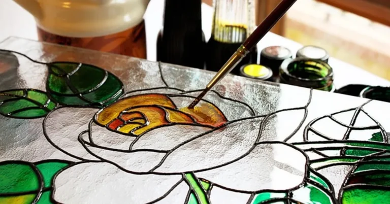 Hand painting a stained glass window design with a fine brush