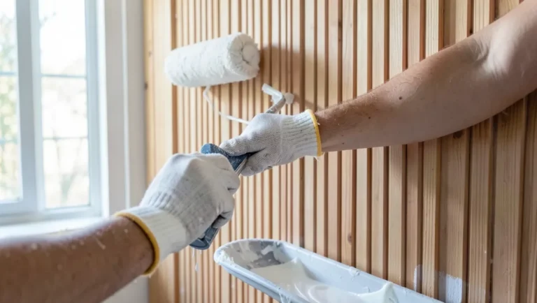 Person rolling white paint onto grooved wood wall paneling during a no-sand repaint