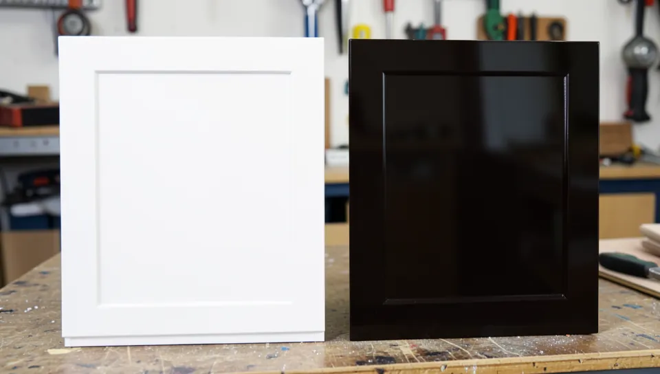 Side by side comparison of a freshly painted cabinet door and an unpainted glossy lacquered door
