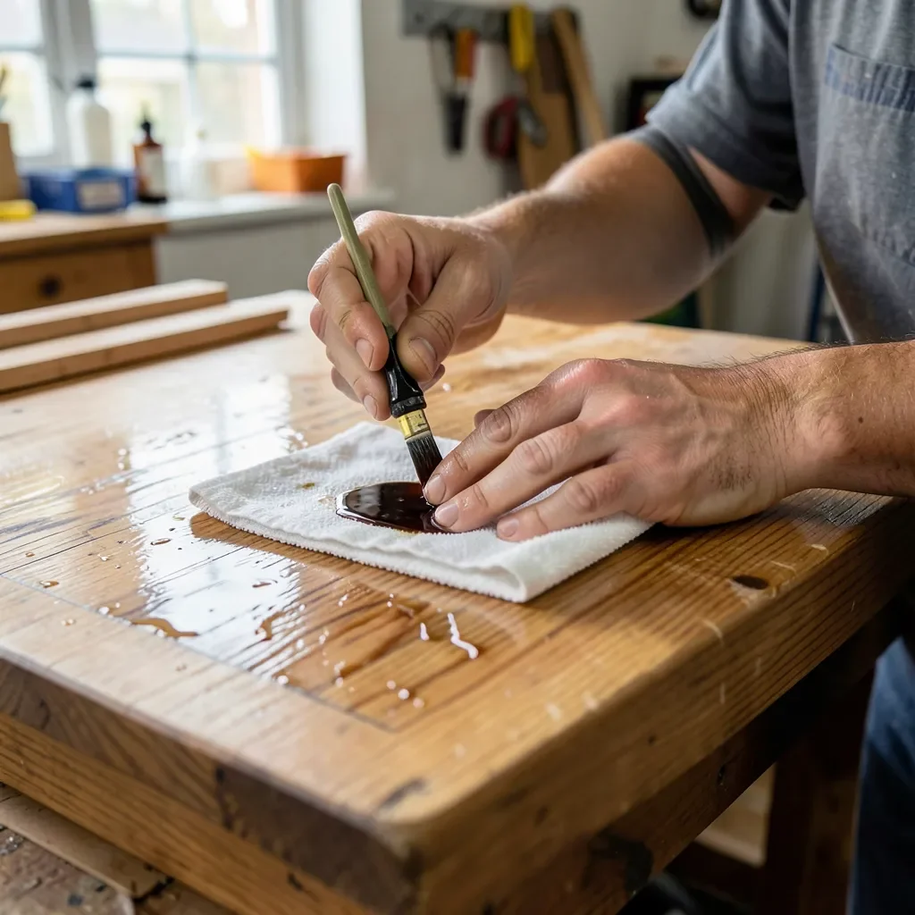 Applying tung oil to a wood tabletop with a cloth