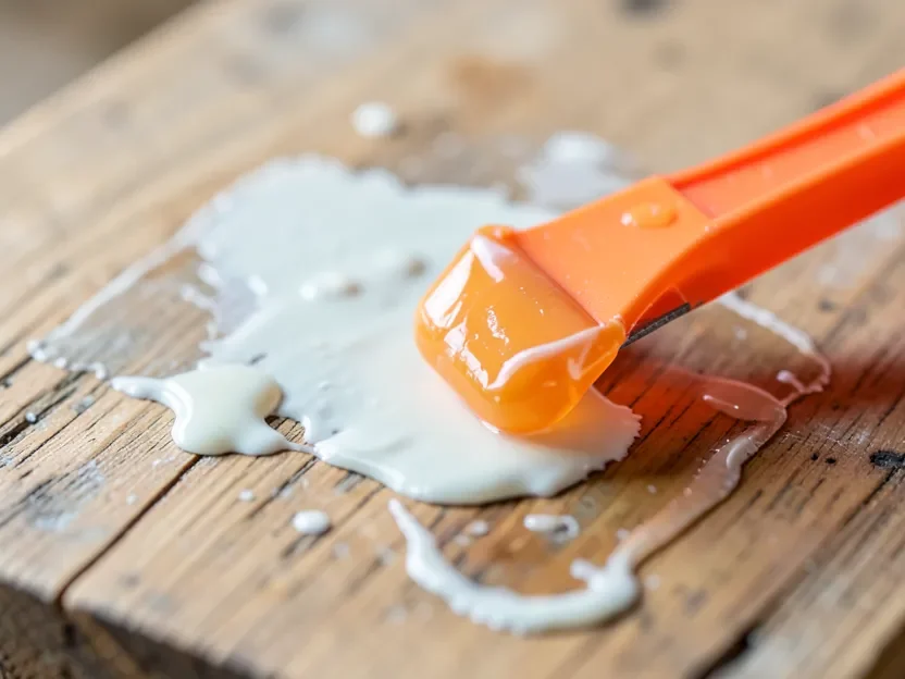 Close-up of a plastic scraper lifting dissolved polyurethane finish softened by citrus stripping gel
