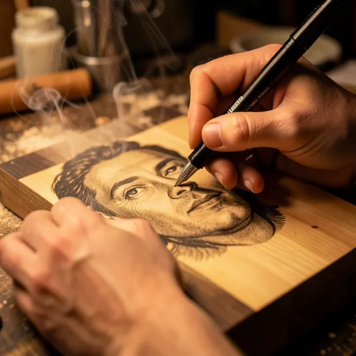 Hands using a pyrography pen to shade a wood-burned portrait