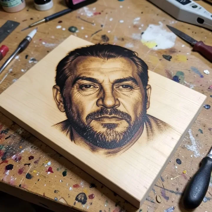 Finished wood-burned portrait showing tonal shading