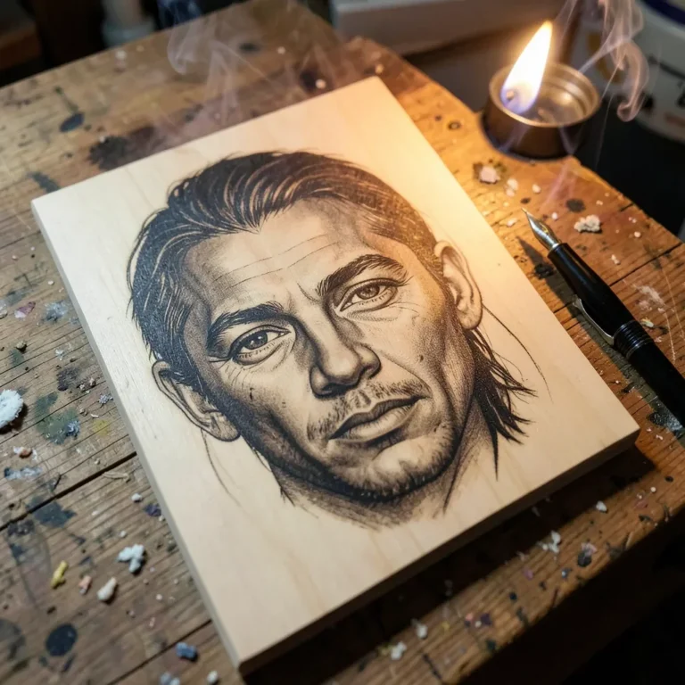 Portrait wood burning pyrography artwork on a workbench