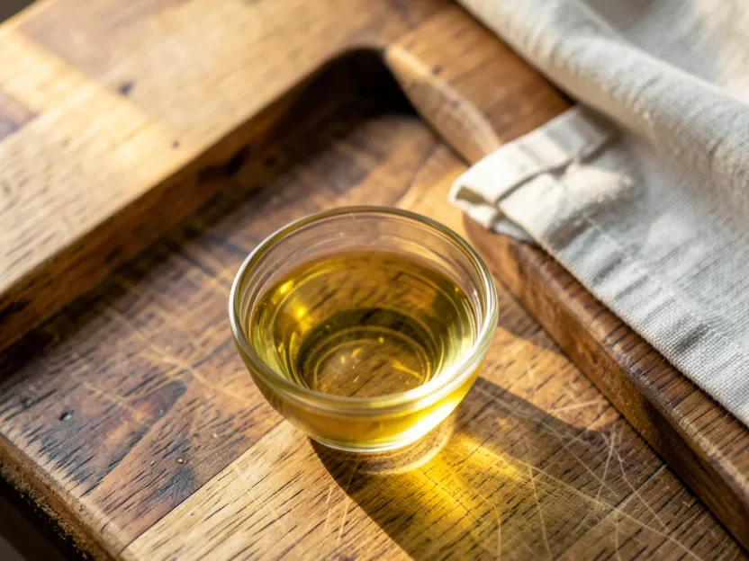Small bowl of raw linseed oil beside a wooden cutting board ready for application