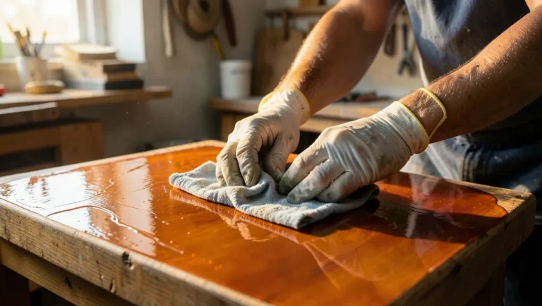 Wiping glossy lacquer finish off a wood tabletop with a solvent-soaked cloth