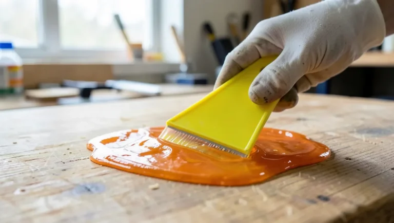 Gloved hand using a yellow plastic scraper to lift softened polyurethane stripping gel off a wood tabletop