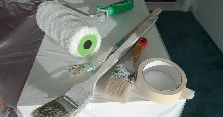 Masking tape roll next to paint brushes and a roller on a drop cloth
