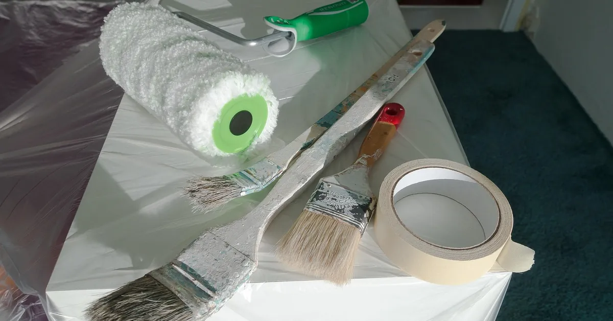 Masking tape roll next to paint brushes and a roller on a drop cloth