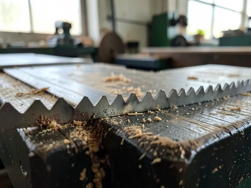Close-up of a sawmill bandsaw blade tooth profile showing angled teeth and gullet Close-up of a sawmill bandsaw blade tooth profile showing angled teeth and gullet