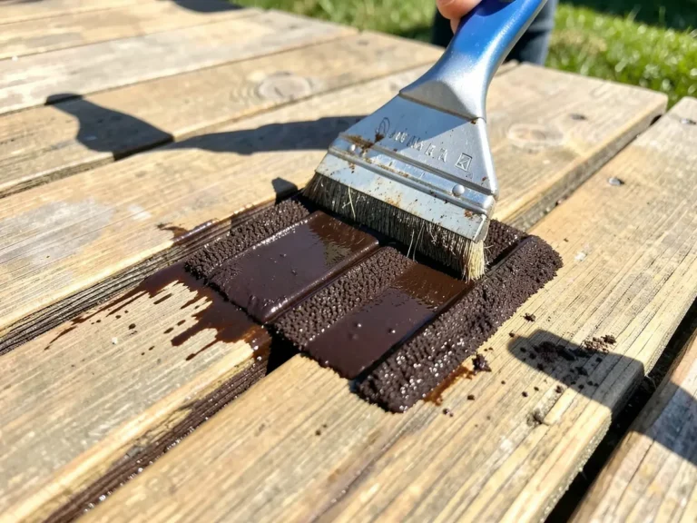 Brush applying stain into the gap between two deck boards