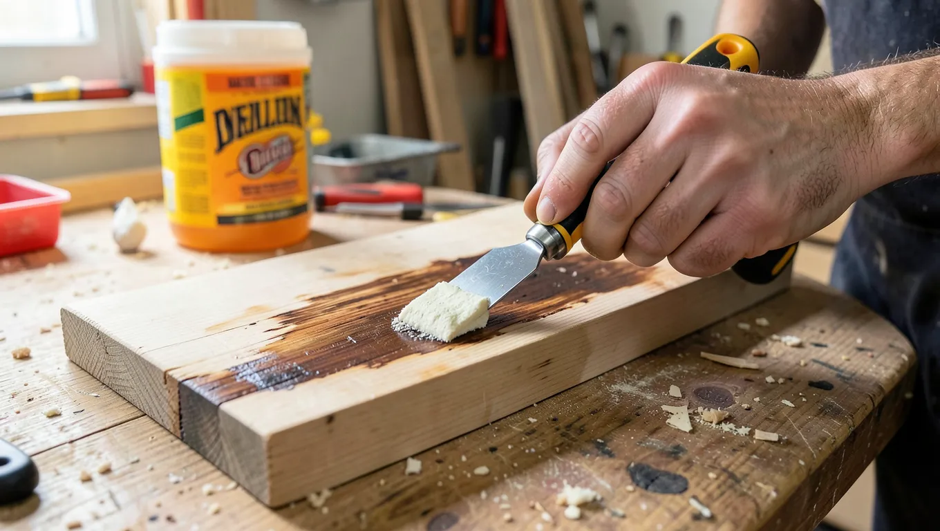 Wood board being stripped of old stain with a putty knife and gel stripper