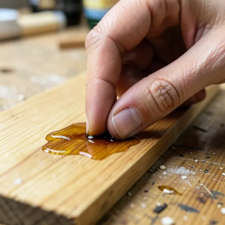 Pressing a fingernail into an oil-finished wood surface to test cure