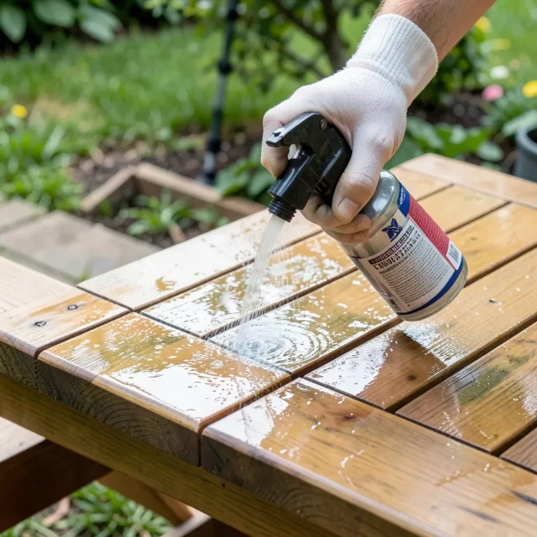Spraying water seal onto a deck board with a pump sprayer