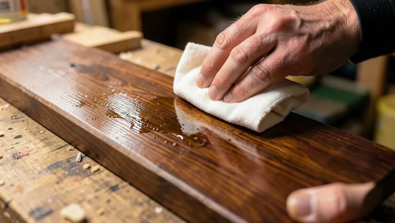 Woodworker wiping tung oil onto a stained wood plank with a soft cloth