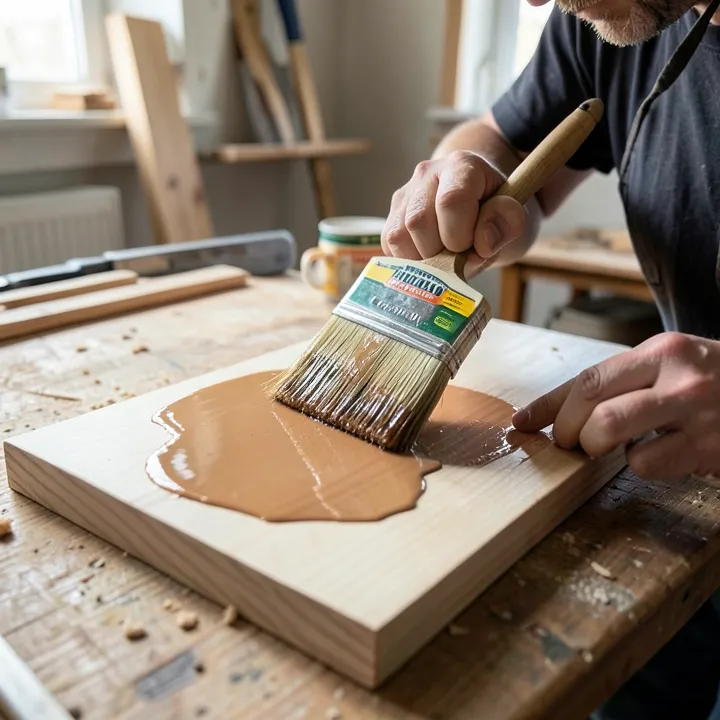 Brush applying a wet varnish or polyurethane coat onto bare wood boards Brush applying a wet varnish or polyurethane coat onto bare wood boards