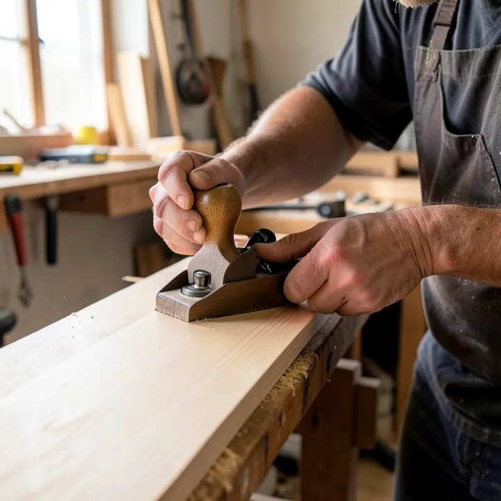 Carpenter using a hand plane to smooth a wood surface before applying finish Carpenter using a hand plane to smooth a wood surface before applying finish