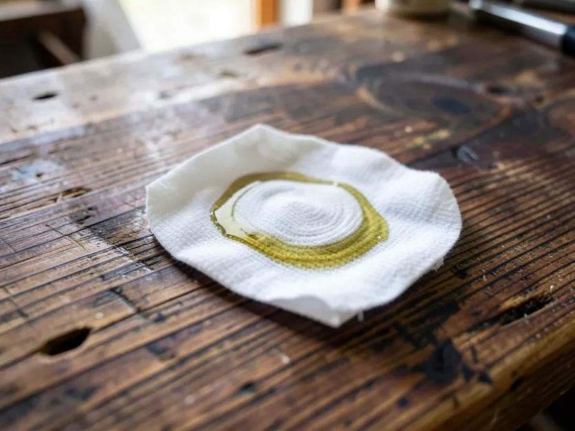 Cloth wiping tung oil into the grain of stained wood in circular motion