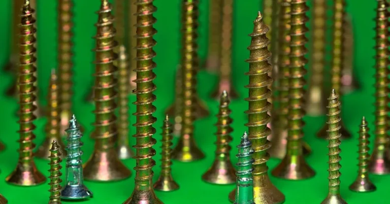 Upright countersunk wood screws in several sizes on a green backdrop