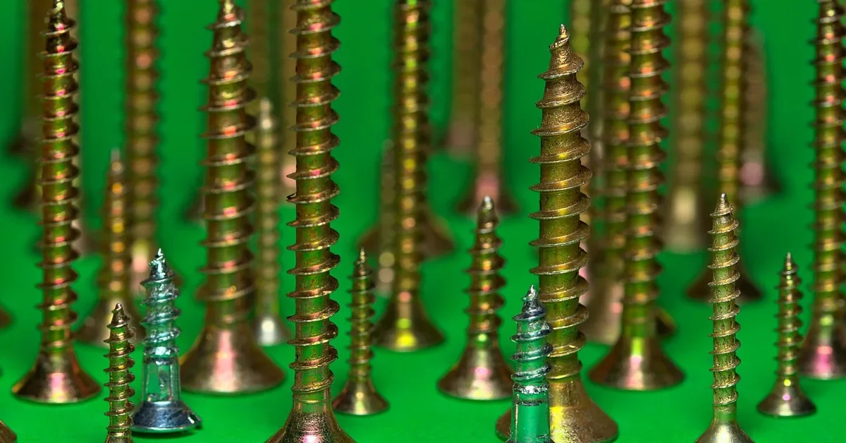 Upright countersunk wood screws in several sizes on a green backdrop