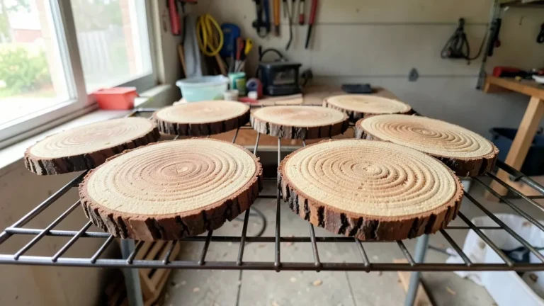 Wood slices drying in a single layer on a wire rack for airflow on all sides