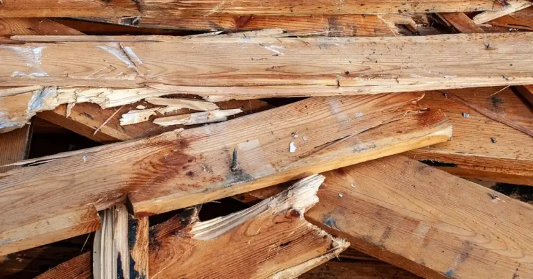 splintered wood boards from a demolished structure showing sharp broken fibers