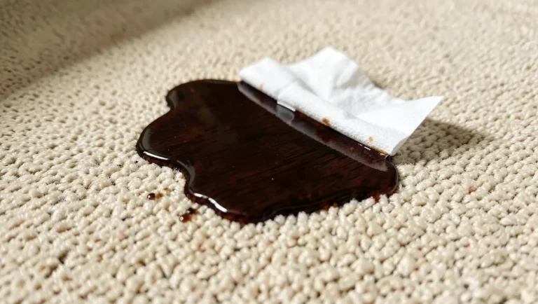 Blotting a wood stain spill on carpet with a clean white cloth