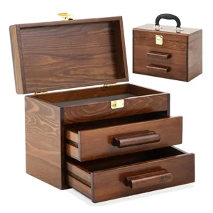 11 Inch Mini Wooden Tool Box with 2 Drawers and Top Storage, Wooden Color