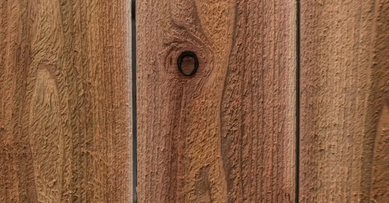 close-up of a cedar fence board with a knot hole ready for wood filler repair
