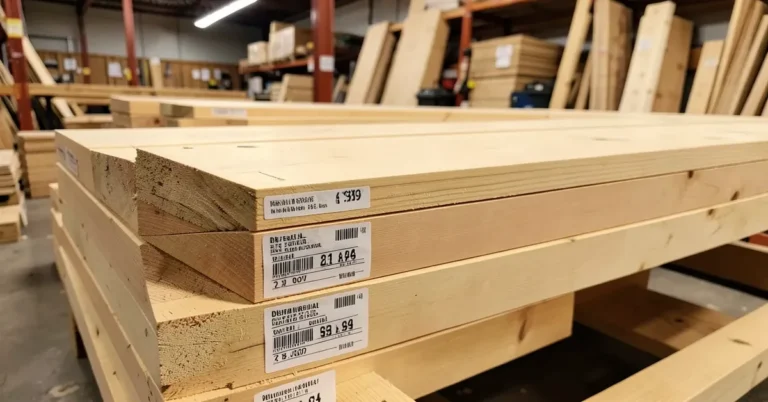 Stack of 2x4 dimensional lumber boards with price tags at a home improvement store