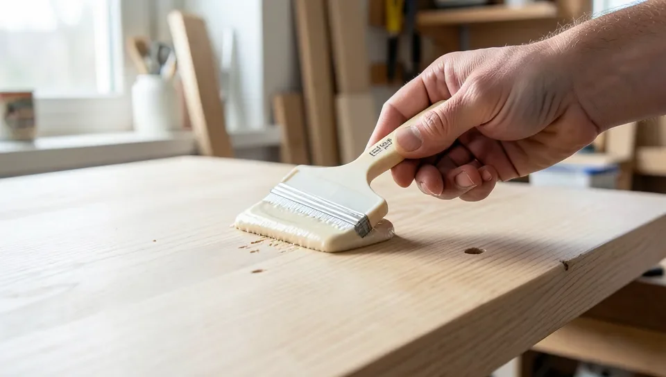 Applying grain filler paste to a sanded ash wood surface to fill the open pores before finishing
