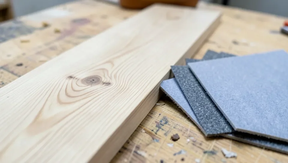 Light ash wood board next to a fanned stack of sandpaper sheets in different grits