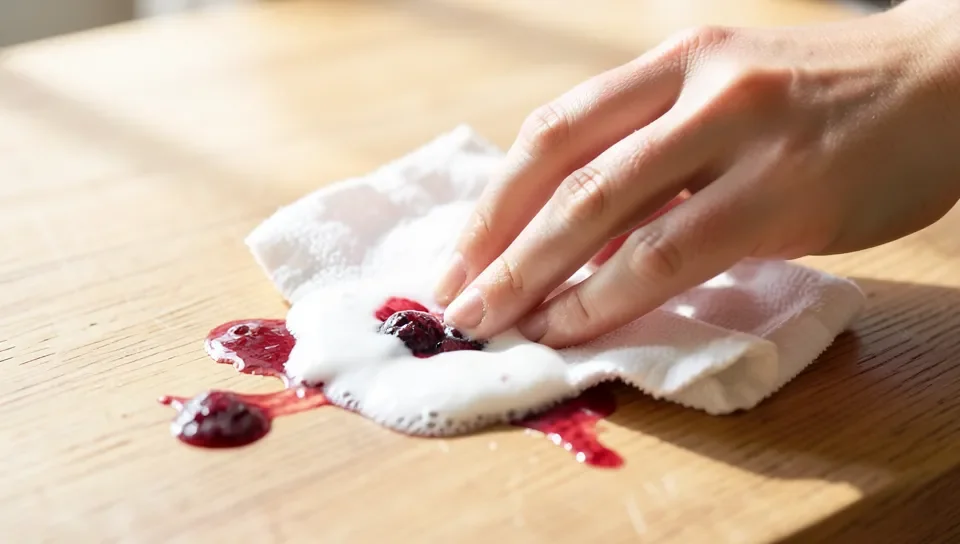 Applying baking soda paste to a berry stain on wood