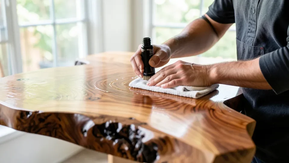 Applying oil finish to a live edge wood table surface