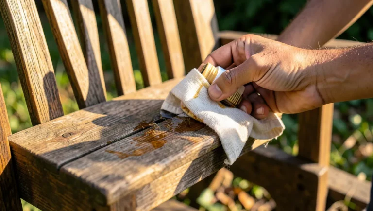 Applying teak oil to a weathered outdoor teak wood chair