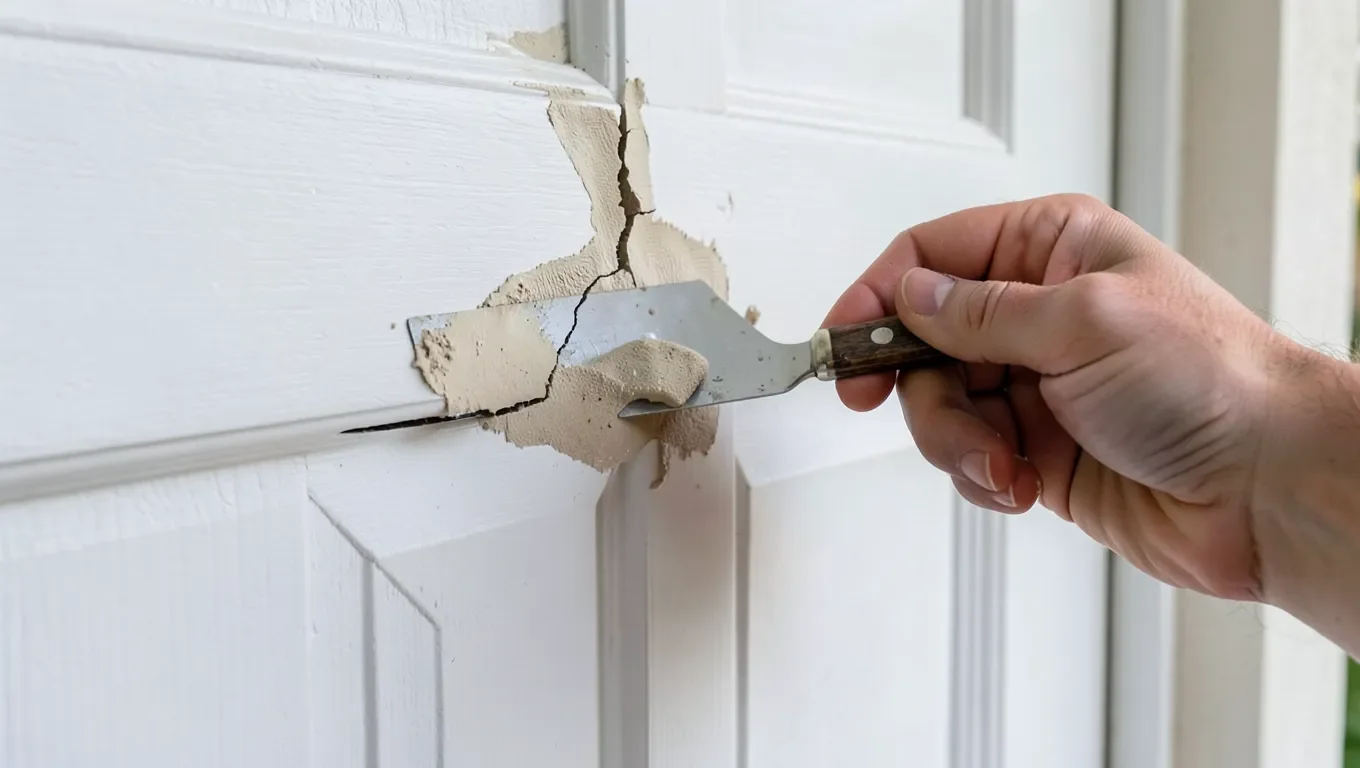 Applying wood filler with a putty knife to a crack in a door