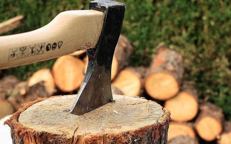 Wooden axe handle with visible straight grain resting in a chopping block