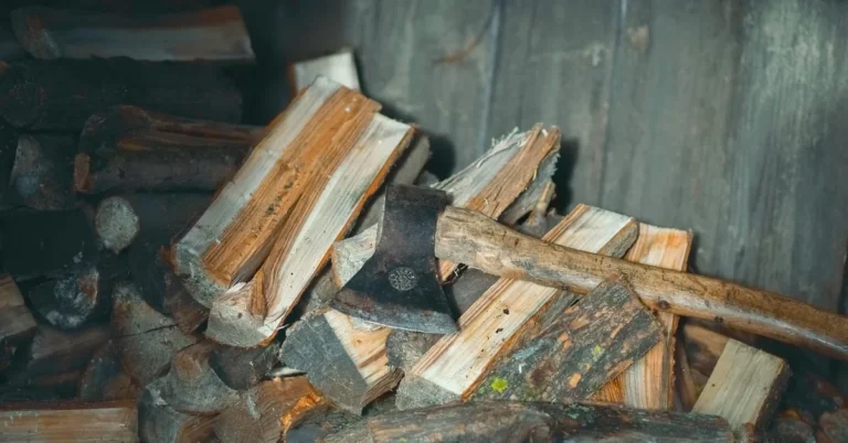 Real wood-handled axe resting on a split firewood pile in a wood shed