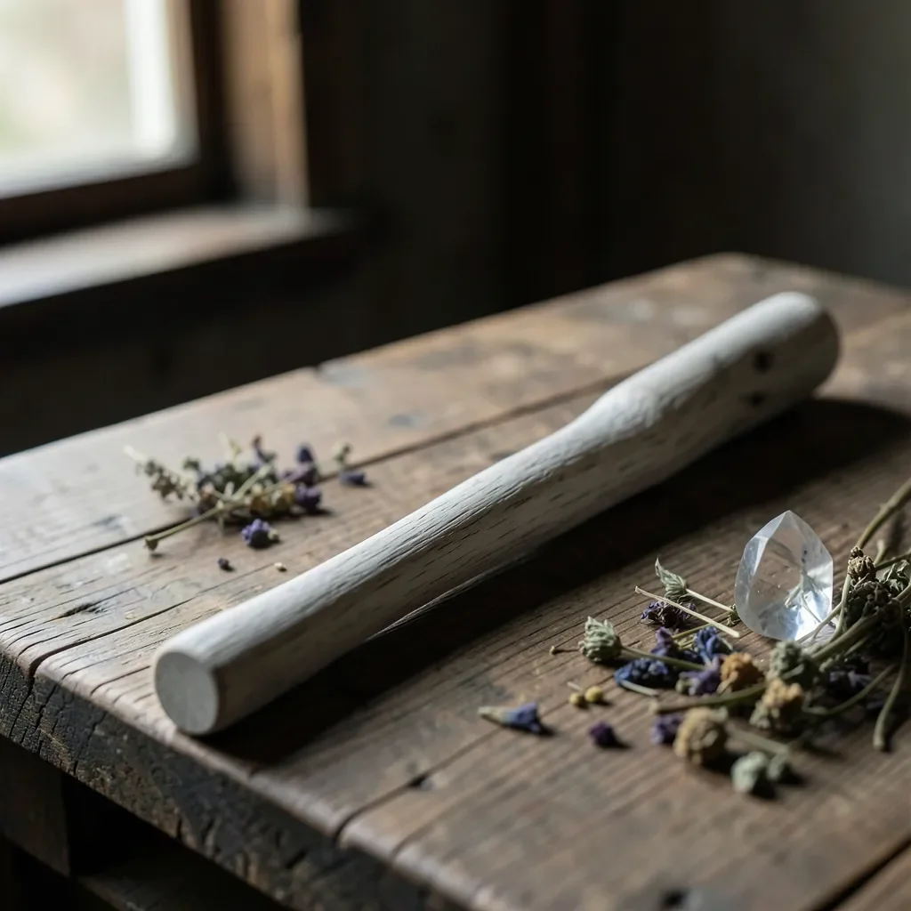 A hand-carved ash wood wand resting on a table with dried herbs and a crystal