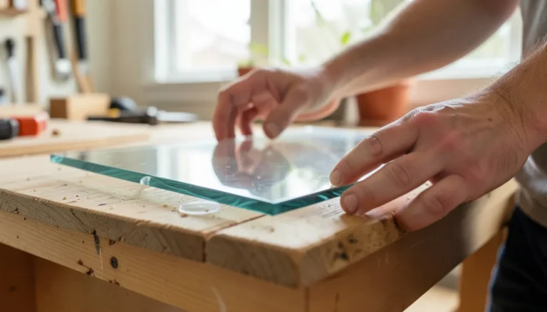 Hands placing a glass table top onto a wood table base with silicone bumper pads