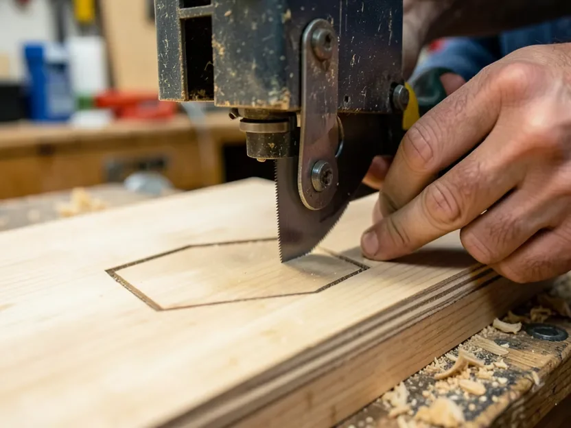 band saw blade cutting along a marked hexagon outline on a wood board