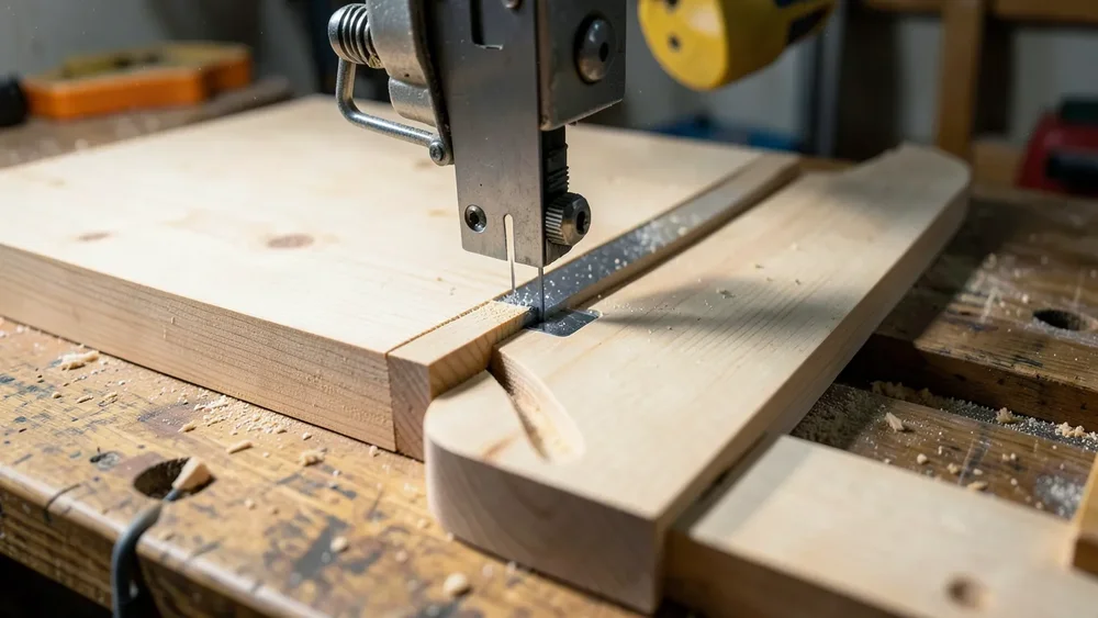 Bandsaw cutting a tight curve into a wooden board