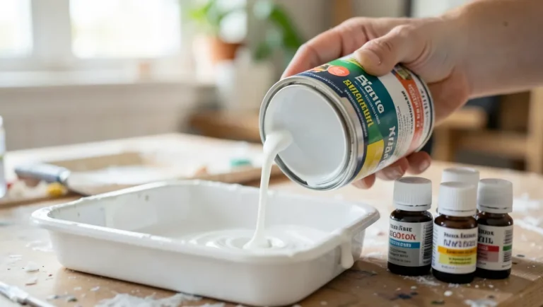White base paint being poured into a tray next to bottles of paint colorant tint