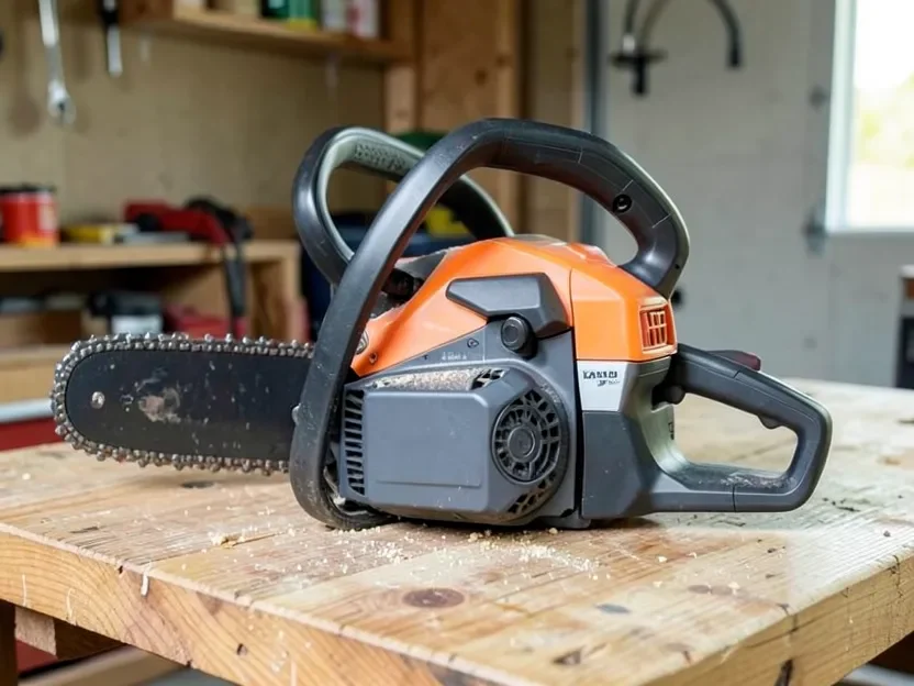 Cordless battery-powered chainsaw resting on a garage workbench